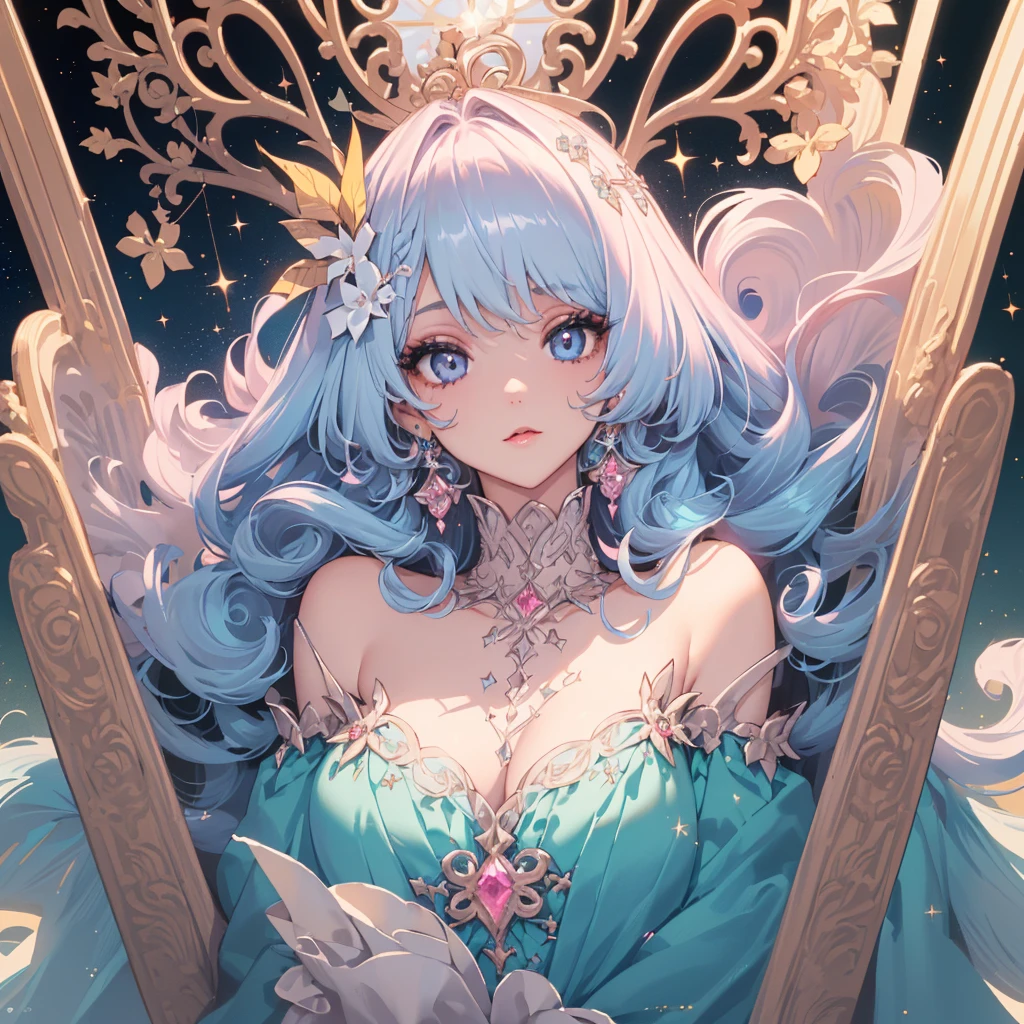 (Best Quality:1.3),4K,8K,8K Portrait,16 K,(masutepiece:1.2),1girl in,Solo,(maximalism:1.5),opal,ultra-detailliert,absurderes,(very detailed beautiful face and eyes:1.3),
(Highly detailed beautiful hair:1.3),delicate composition,(full-length figure:1.5),
Super cute girl,(long curly Hair:1.4), light Pink eyes,light blue eyes, light purple eyes,(white blonde hair:1.4),(Pink hair:1.2),(Light blue hair:1.4),(,(Jewelry Hair Ornaments:1.3),
(jewelry eyes:1.3),(Eyelashes:1.2),(symbol in eyes:1.3),(hight resolution, Twinkle,Glitter,Lens Flare,light Particle,Shining:1.3),(Cute:1.5),(clear face:1.5),(closer to viewer:1.5)