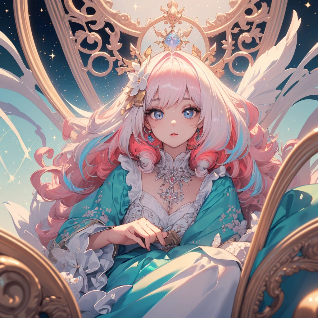 (Best Quality:1.3),4K,8K,8K Portrait,16 K,(masutepiece:1.2),1girl in,Solo,(maximalism:1.5),opal,ultra-detailliert,absurderes,(very detailed beautiful face and eyes:1.3),
(Highly detailed beautiful hair:1.3),delicate composition,(full-length figure:1.5),
Super cute girl,(long curly Hair:1.4), light Pink eyes,light blue eyes, light purple eyes,(white blonde hair:1.4),(Pink hair:1.2),(Light blue hair:1.4),(,(Jewelry Hair Ornaments:1.3),
(jewelry eyes:1.3),(Eyelashes:1.2),(symbol in eyes:1.3),(hight resolution, Twinkle,Glitter,Lens Flare,light Particle,Shining:1.3),(Cute:1.5),(clear face:1.5),(closer to viewer:1.5)