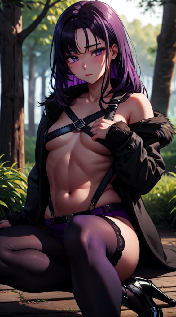 ((masterpiece)), best quality, 8k, high quality, high resolution, super detail, ultra-detailed, photorealistic, ordinary and finely detailed face and eyes, ultra-detailed and detailed skin texture, purple eyes, perfect face, 1 girl, long dark purple hair , one eye hidden behind the hair (black coat , purple tights, black heels), purple eyes, athletic figure, muscles, medium chest, (chest strap, shoulder strap:1.15) , , , calm facial expression, twilight, magical forest landscape,