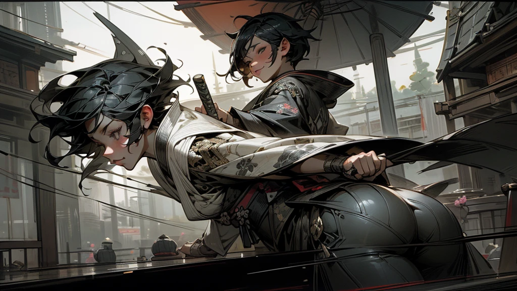 masterpiece,Highest quality,Ultra-fine illustrations,Very detailed,Beautiful background,Perfect Face,Perfect hands,Dynamic Angle,Ink painting style,ass pov,Dynamic Scene,kimono,knife,short hair,rain,battlefield,Beautiful background,Fearless Smile,Ii Slash


