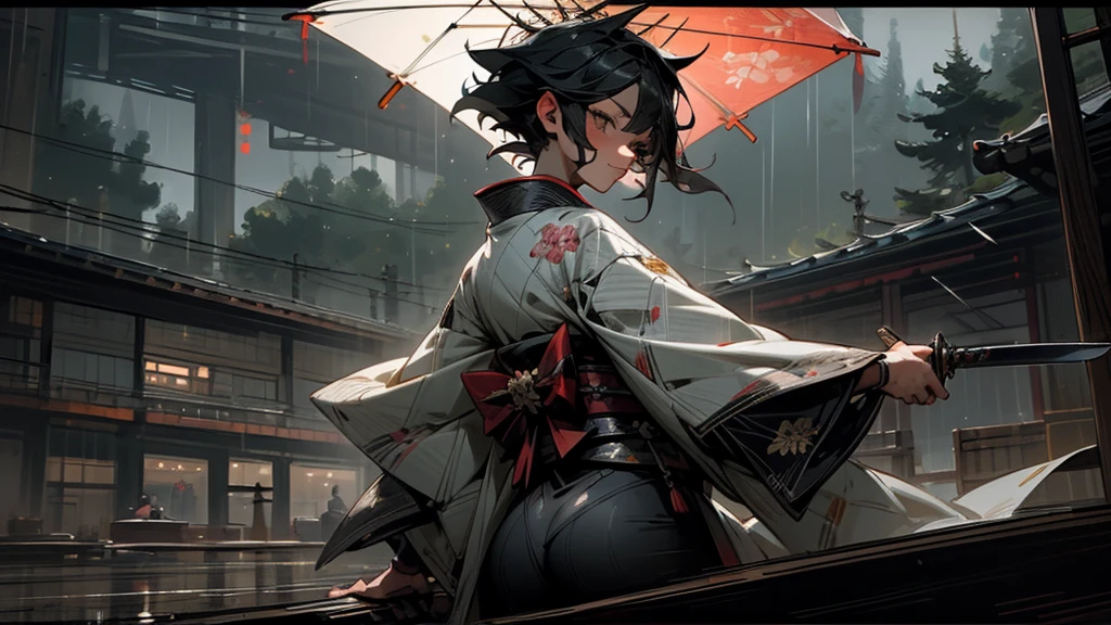 masterpiece,Highest quality,Ultra-fine illustrations,Very detailed,Beautiful background,Perfect Face,Perfect hands,Dynamic Angle,Ink painting style,ass pov,Dynamic Scene,kimono,knife,short hair,rain,battlefield,Beautiful background,Fearless Smile,Ii Slash


