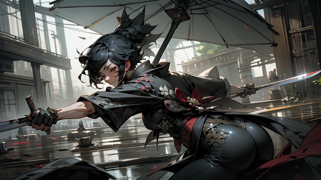 masterpiece,Highest quality,Ultra-fine illustrations,Very detailed,Beautiful background,Perfect Face,Perfect hands,Dynamic Angle,Ink painting style,ass pov,Dynamic Scene,kimono,knife,short hair,rain,battlefield,Beautiful background,Fearless Smile,Ii Slash