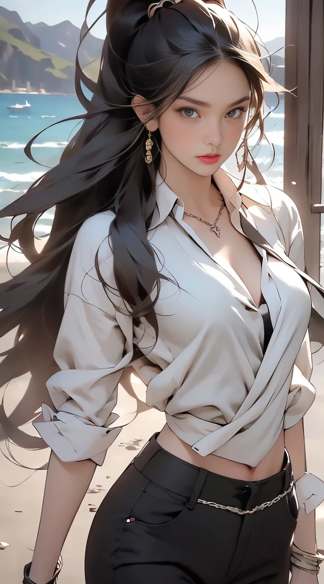 ((Highest quality, 8K, masterpiece :1.3)), ((masterpiece, Highest quality, High resolution, Super detailed),(beautifully、Aesthetically beautiful:1.2), 1 female, Adult, Perfect body, Wavy black hair, Green Eyes, Tie your hair back、She has a beautiful ponytail, Detailed eyes and face, Oversized long shirt, Swimwear, Tight clothing ,bikini, Golden Hour, Beach, Ocean, sand, Palm tree, whole body 