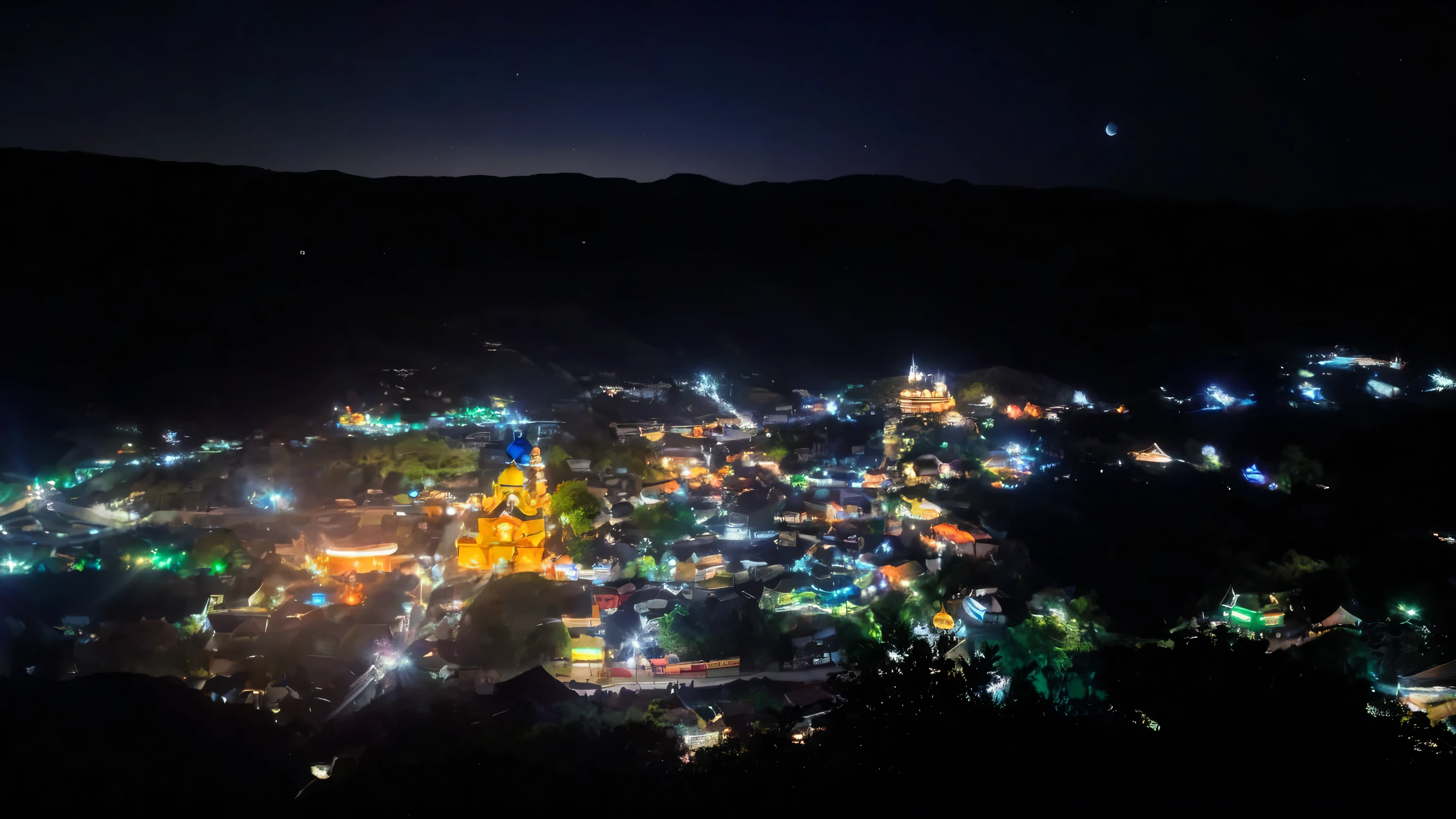 night time view of a town with a church and a mountain, with glowing lights at night, glowing temple in the distance, at night time, scenic view at night, night view, at night with lights, view from above, above view, seen from above, festival. scenic view at night, at nighttime, night shot, viewed from above, overhead view