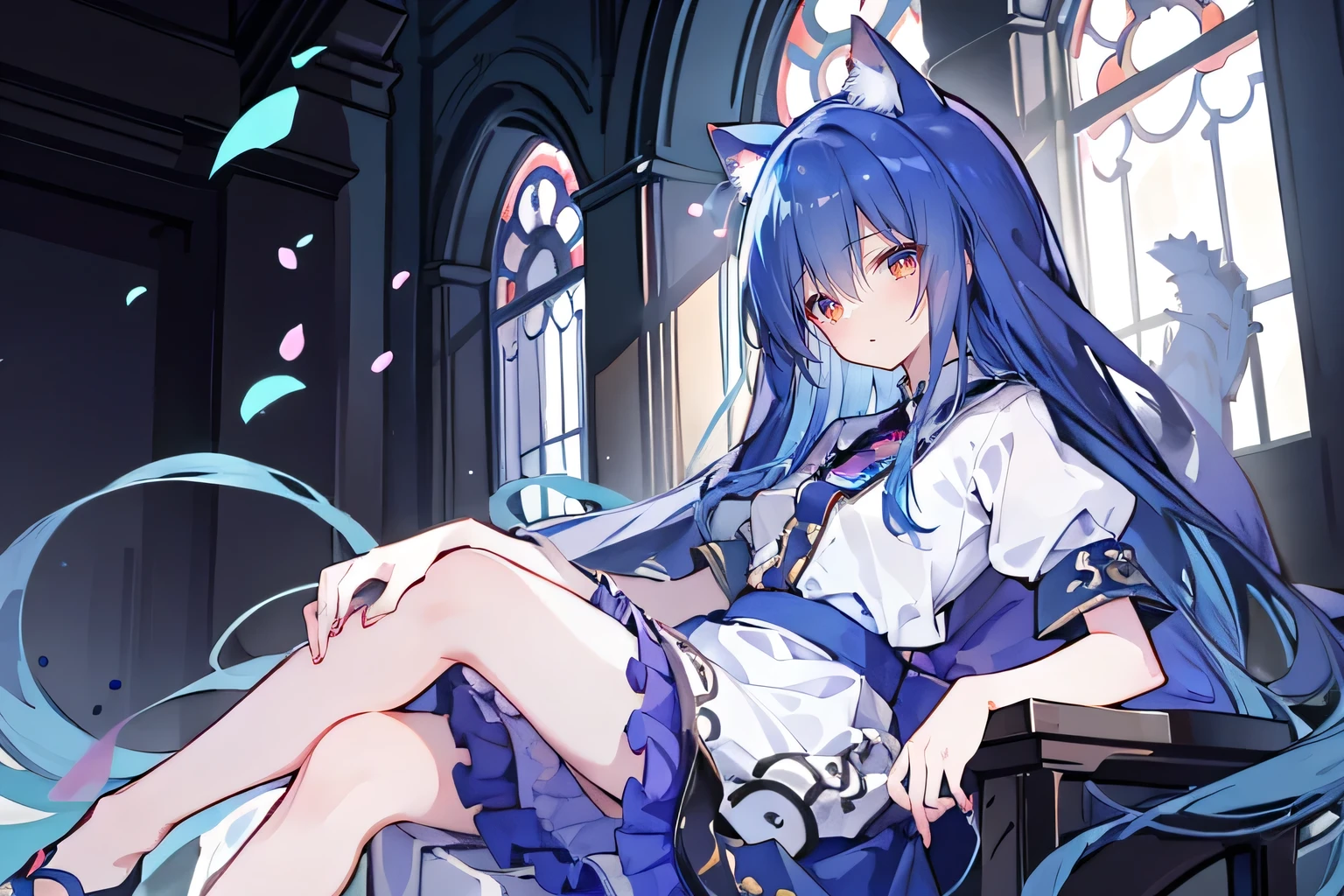 (masterpiece:1.2),Extremely detailed,Practical,expressive eyes,Fair skin,Perfect face shaping,1 Girl,
Japanese cartoons,Gorgeous blue hair, the long flowing blue hair,Floating clothes,Cat ears,Petals fall,beautiful lola,Young Angel,
Place your hands on your waist,sit elegantly on the ground,Cross your legs,Gentle and peaceful background,church,nun,Place your hand on your lips,Shy face。