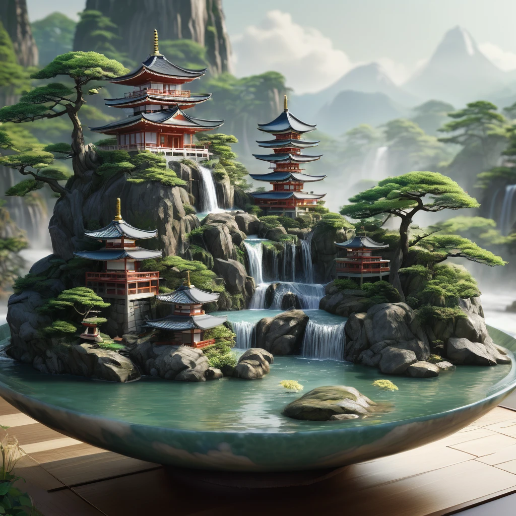there is a large bowl with a waterfall in it, japonisme 3 d 8 k ultra detailed, 4k highly detailed digital art, highly detailed digital artwork, incredibly high detailed, highly detailed digital art, 8k high quality detailed art, 4 k highly detailed art, digital painting of a pagoda, highly detailed 4 k art, 8 k highly detailed art