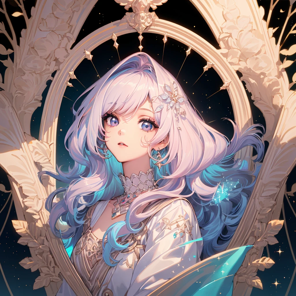 (Best Quality:1.3),4K,8K,8K Portrait,16 K,(masutepiece:1.2),1girl in,Solo,(maximalism:1.5),opal,ultra-detailliert,absurderes,(very detailed beautiful face and eyes:1.3),
(Highly detailed beautiful hair:1.3),delicate composition,(full-length figure:1.5),
Super cute girl,(long curly Hair:1.4), light Pink eyes,light blue eyes, light purple eyes,(white blonde hair:1.4),(Pink hair:1.2),(Light blue hair:1.4),(,(Jewelry Hair Ornaments:1.3),
(jewelry eyes:1.3),(Eyelashes:1.2),(symbol in eyes:1.3),(hight resolution, Twinkle,Glitter,Lens Flare,light Particle,Shining:1.3),(Cute:1.5),(clear face:1.5),(closer to viewer:1.5)