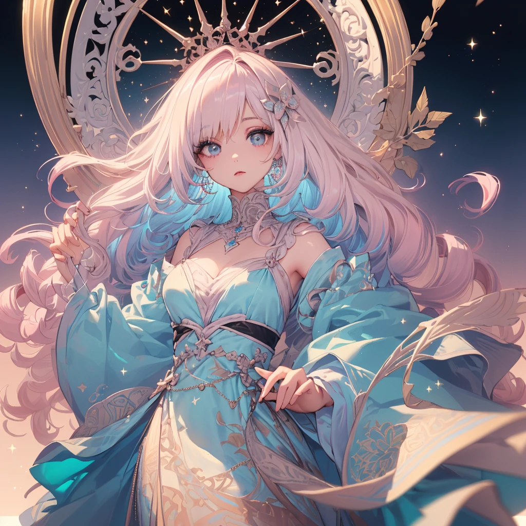 (Best Quality:1.3),4K,8K,8K Portrait,16 K,(masutepiece:1.2),1girl in,Solo,(maximalism:1.5),opal,ultra-detailliert,absurderes,(very detailed beautiful face and eyes:1.3),
(Highly detailed beautiful hair:1.3),delicate composition,(full-length figure:1.5),
Super cute girl,(long curly Hair:1.4), light Pink eyes,light blue eyes, light purple eyes,(white blonde hair:1.4),(Pink hair:1.2),(Light blue hair:1.4),(,(Jewelry Hair Ornaments:1.3),
(jewelry eyes:1.3),(Eyelashes:1.2),(symbol in eyes:1.3),(hight resolution, Twinkle,Glitter,Lens Flare,light Particle,Shining:1.3),(Cute:1.5),(clear face:1.5),(closer to viewer:1.5)