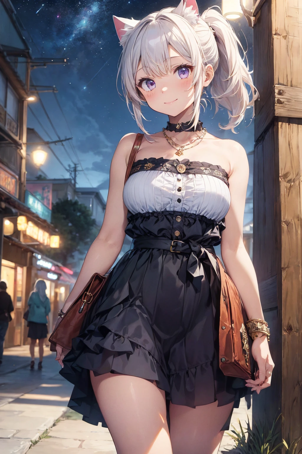(((masterpiece))), (((Highest quality))), ((Very detailed)), ((Very detailedなイラスト)), ((Ultra-fine painting)), (16K Highest quality wallpaper:1.4), (Detailed and elaborate illustration style,:1.8) Detailed skin texture, High quality fabric, , (T-masterpiece), (Very detailedな顔:1.4), original, RAW Photos, Professional, Intricate details, Very detailed, Direct sunlight:1.6, ,(Cowboy Shot:1.9)、(Perfect Anatomy:1.4), (Extremely elaborate hands:1.2), (Very elaborate fingers:1.2), (Very elaborate fingers先:1.2),, (alone:1.6), (beautiful and adorable cat ears:1.6), (Intricate and delicate white cat ears:1.5), (beautiful, Shiny white hair:1.6), (Very thin and delicate white hair:1.4),, (Very detailedな顔:1.4),(Light purple eyes:1.6),(smile:1.4),(ponytail:1.7),(wariza:1.9),//Character
1girl,
BREAK
//Fashions 
Boho Chic Pareo Ensemble
A bohemian-inspired pareo ensemble that blends comfort with stylish flair, The top is a bandeau bikini made of soft, earthy-toned fabric with a subtle tribal print, The bandeau has a knotted center and detachable straps for versatile styling, 
BREAK
The matching pareo is a medium-length wrap skirt made of lightweight, flowy fabric in coordinating earthy tones and tribal patterns, The skirt features a high slit on one side, adding a touch of allure, and can be tied at the waist or hip for a customizable fit, Accessories include beaded anklets, layered necklaces, and a fringed crossbody bag to enhance the boho vibe, This set is perfect for beach outings, music festivals, or casual summer gatherings,
BREAK