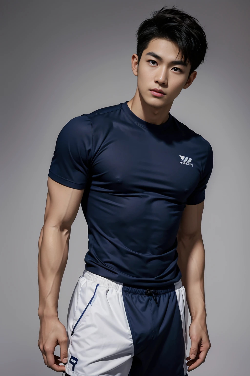1 Handsome naked Japanese guy ,Sexy pose, A 20 year-old man wearing a Naked chest shirt and Excellent shorts stands against a white background, navy blue, navy blue, Sports T-shirts, blue, Excellent Sportswear, Gorgeous sexy clothes, Sportswear, Short sleeve, Jinjinshen blue clothes, Short young man, Tennis Clothes, 穿着Sportswear, dark blue decorative clothing,male,Naked chest, Handsome,High target,Muscles look good,Hairy body,Sexy expressions, Wheat skin color,black eyes(Fine eye 1:3),Full body portrait, Excellent, Perfect shape, ,Detailed you, , Mostly juicy ass, Sexy pose,Standing