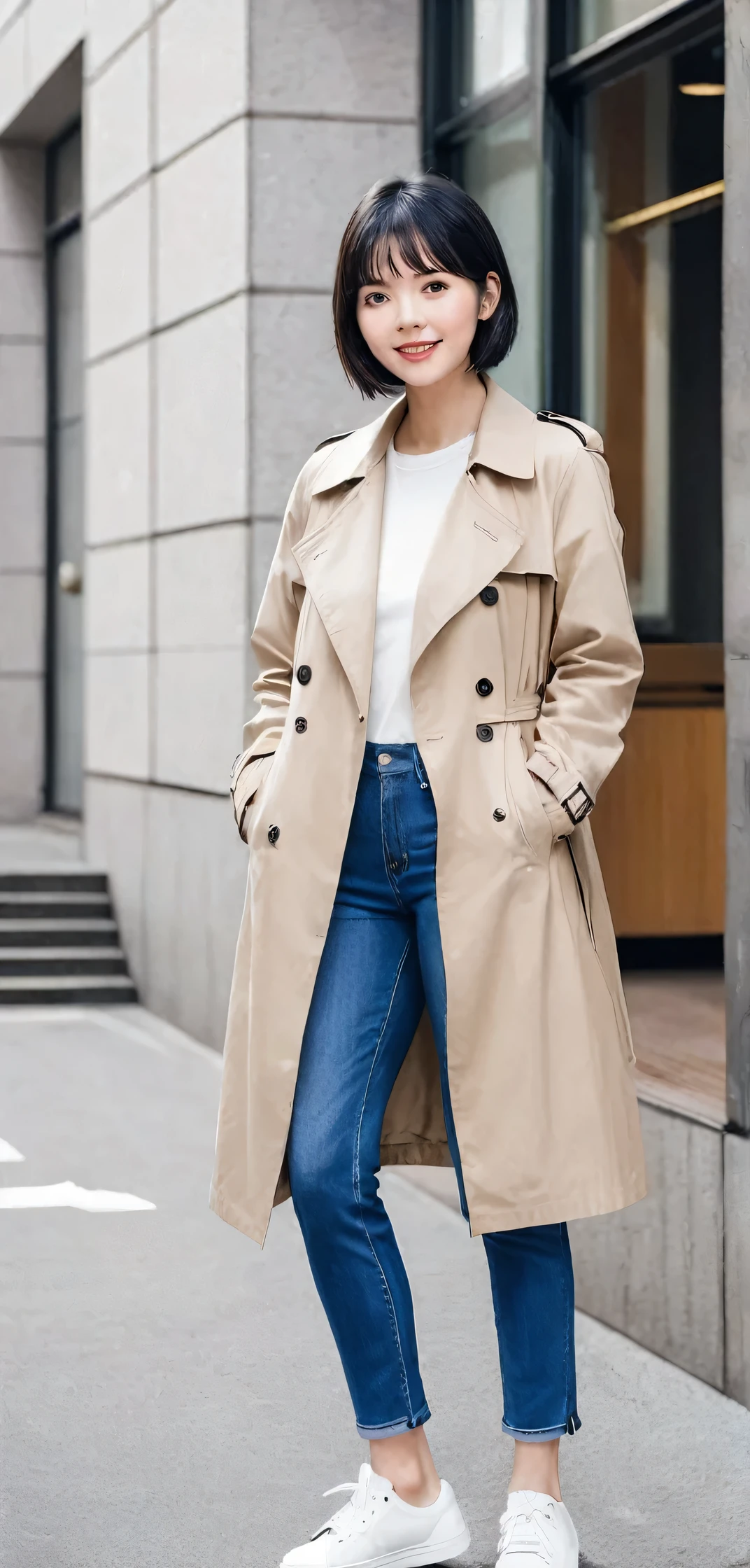 Standing woman、Full body photo、, Black Hair, Short Haircut、smile、trench coat、Skinny jeans、 Wearing white sneakers, Looking into the camera, The background is the building&#39;s corridor.
