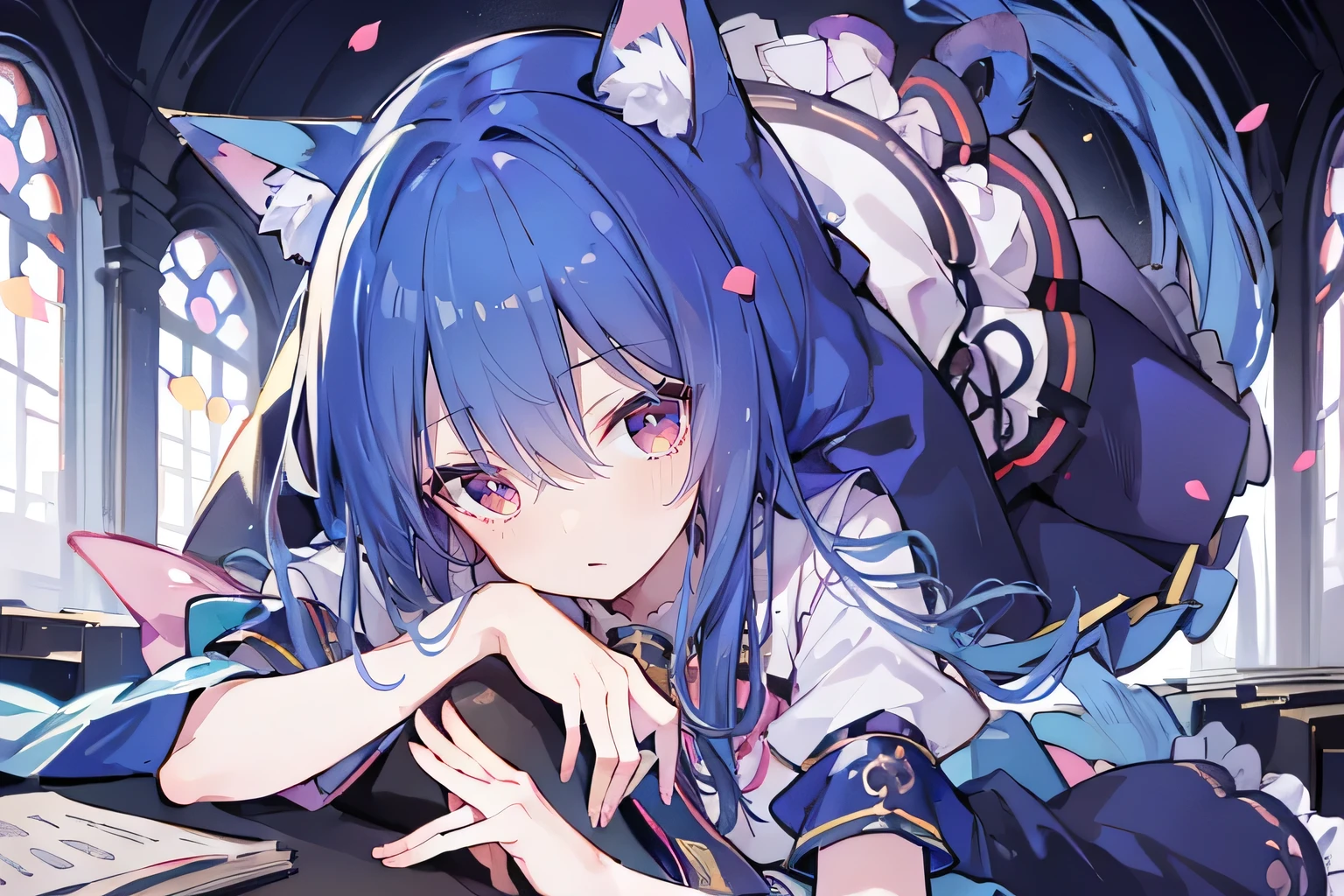 (masterpiece:1.2),Extremely detailed,Practical,expressive eyes,Fair skin,Perfect face shaping,1 Girl,
Japanese cartoons,Gorgeous blue hair, the long flowing blue hair,Floating clothes,Cat ears,Petals fall,beautiful lola,Young Angel,
Place your hands on your waist,sit elegantly on the ground,Cross your legs,Gentle and peaceful background,church,nun，Place your hand on your lips，Shy face。