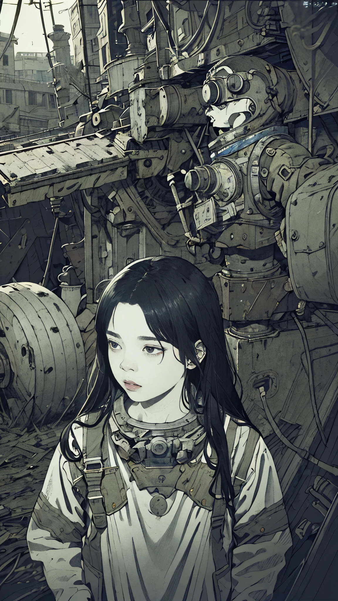 8k、Absurd、High resolution、Super detailed、masterpiece、Sharp Shadows、One personの女性、24-years-old、Abandoned Station、Astronaut Uniform、Monochrome、Intricate machinery、(Outdated machinery:1.3)、Upper Body、 (One person:1.2)、Moderate bust、Black Hair、Long Hair、masterpiece、