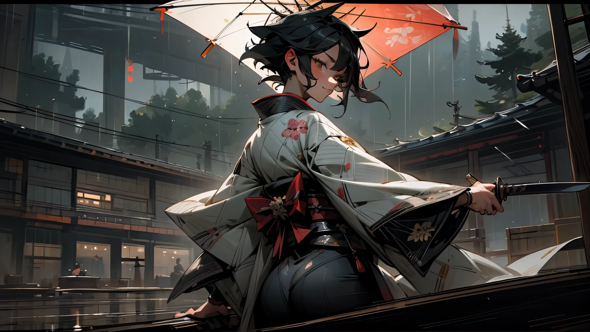 masterpiece,Highest quality,Ultra-fine illustrations,Very detailed,Beautiful background,Perfect Face,Perfect hands,Dynamic Angle,Ink painting style,ass pov,Dynamic Scene,kimono,knife,short hair,rain,battlefield,Beautiful background,Fearless Smile,Ii Slash