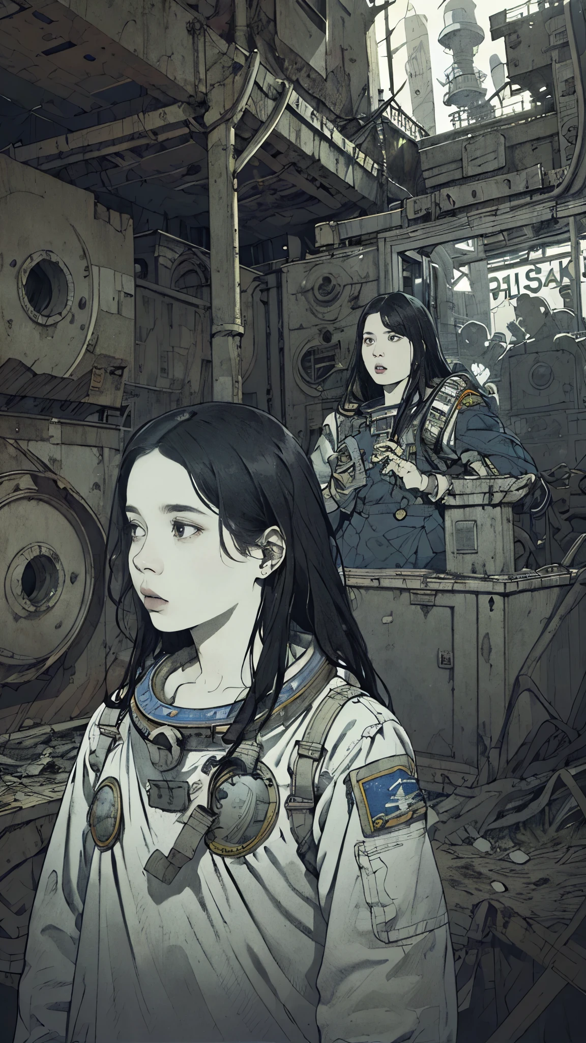 8k、Absurd、High resolution、Super detailed、masterpiece、Sharp Shadows、One personの女性、24-years-old、Abandoned Station、Astronaut Uniform、Monochrome、Intricate machinery、(Outdated machinery:1.3)、Upper Body、 (One person:1.2)、Moderate bust、Black Hair、Long Hair、masterpiece、