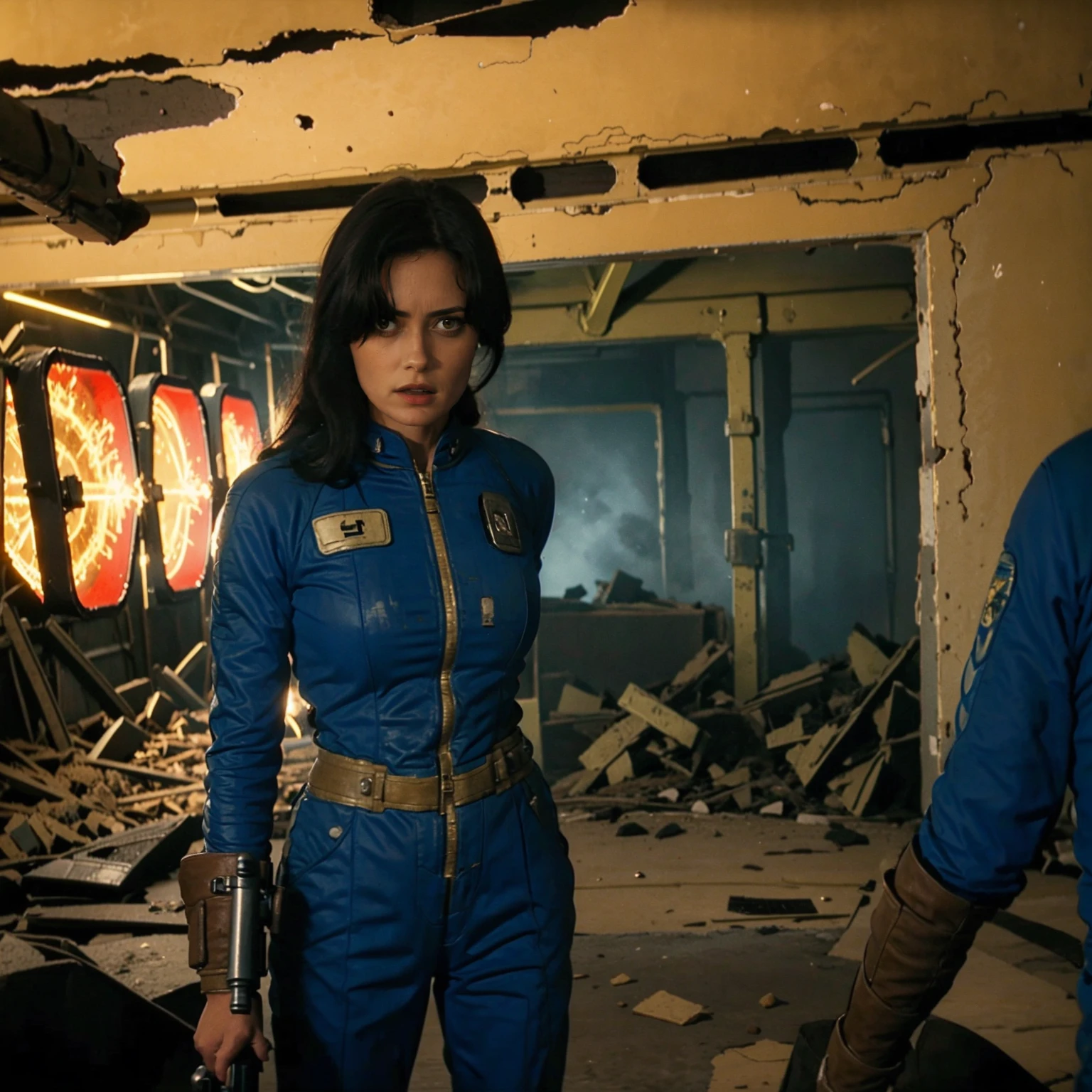 (One person). Fallout TV series. Inside a dimly lit large wreaked smoky room in a post-apocalyptic (casino) in Las Vegas. Vaultsuit Lucy, a 25 year-old vault dweller wearing a blue and gold vaultsuit unzipped top with bloodstains on the t-shirt underneath, her black hair disheveled, with a large ((gun)) in her hand, standing ready to defend herself.  Dark room with smoke and small fires in the rubble. Menacing shadows. Dramatic. Cinematic. realistic colors, realistic, photo-realistic. 