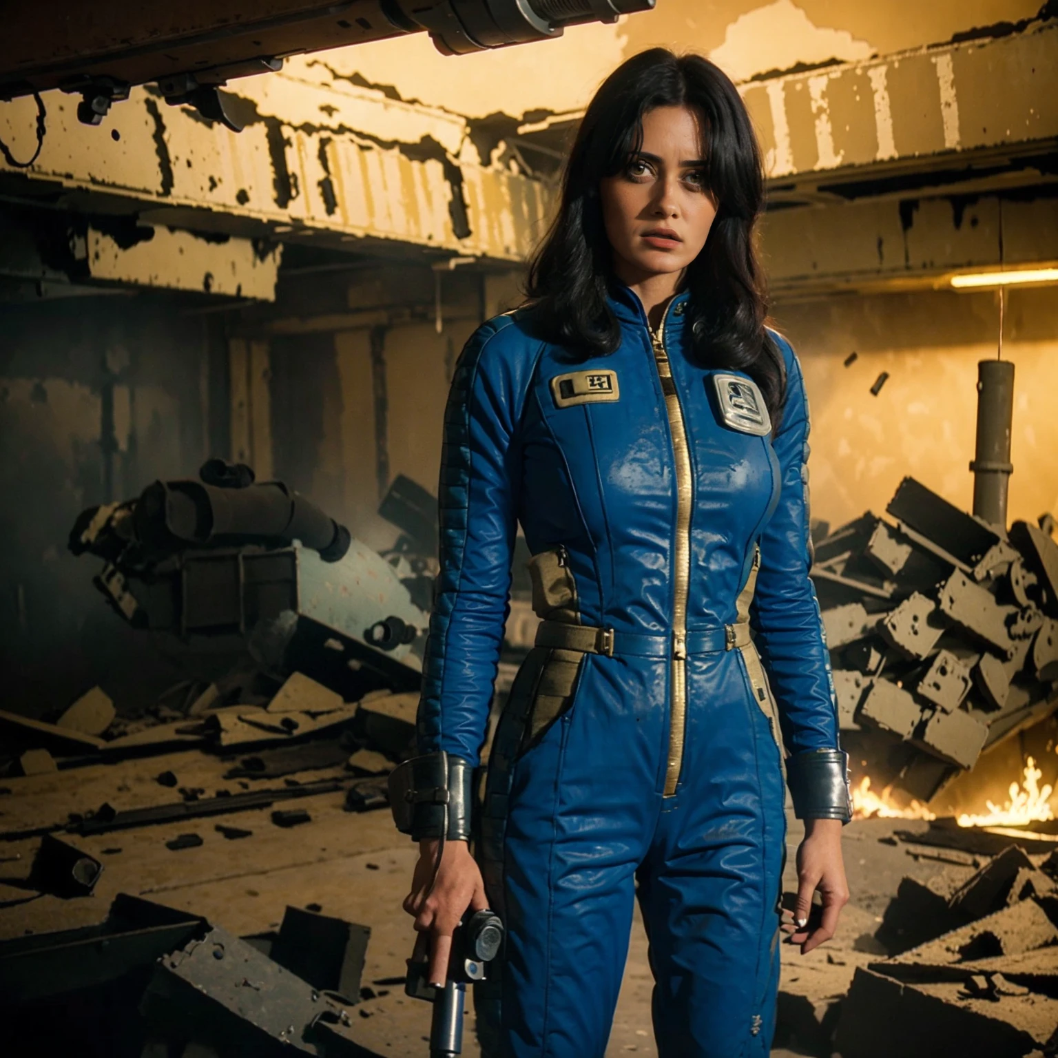 (One person). Fallout TV series. Inside a dimly lit large wreaked smoky room in a post-apocalyptic (casino) in Las Vegas. Vaultsuit Lucy, a 25 year-old vault dweller wearing a blue and gold vaultsuit unzipped top with bloodstains on the t-shirt underneath, her black hair disheveled, with a large ((gun)) in her hand, standing ready to defend herself.  Dark room with smoke and small fires in the rubble. Menacing shadows. Dramatic. Cinematic. realistic colors, realistic, photo-realistic. 