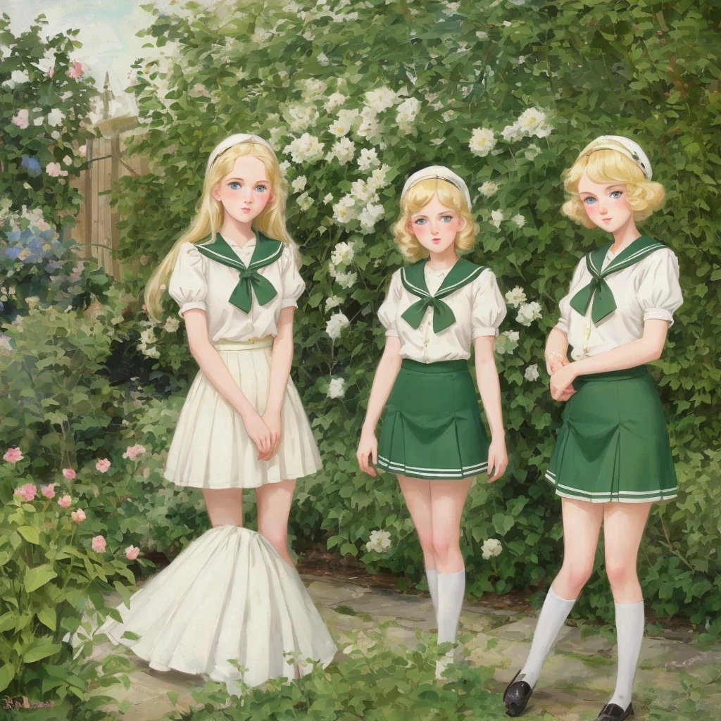 3 girls, long hair, Big , Blushing, blond, Green-eyed sailor suit short skirt 1933 style cute and beautiful girl 18 years old in the garden 