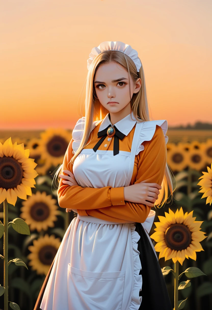 1girl, apron, blonde hair, bow, breast hold, breasts, brooch, closed mouth, crossed arms, dress, dusk, enmaided, evening, frown, ginkgo leaf, gradient, gradient background, long hair, long sleeves, looking at viewer, maid, maid apron, maid headdress, medium breasts, orange background, orange sky, orange theme, ribbon, solo, sunflower, sunset, v-shaped eyebrows, white apron, yellow background, yellow sky, yellow theme