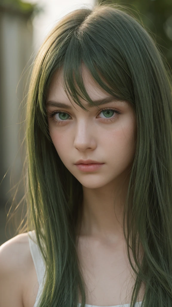 a girl. european. extremely detailed face. oval face. delicate features. long face. half-open eyes. green eyes. long straight hair. messy hair. green hair. absent-minded expression