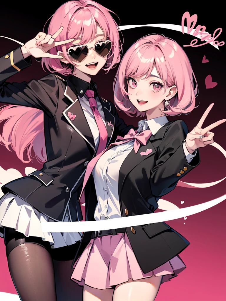 Short hair, pink hair, black school cap, black school uniform, double peace sign, smile, pink heart-shaped sunglasses masterpiece, High resolution, Highest quality,