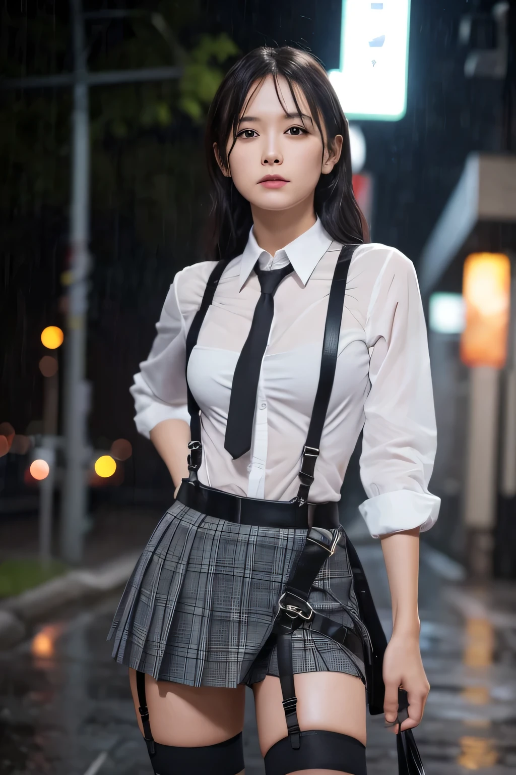 1 female, , high quality, masterpiece, Ultra-high resolution, Cinema Lighting, 1 female, , high quality, masterpiece, Ultra-high resolution, , Cinema Lighting, suspenders Moderate breasts Small face Looking up Sweat Thin belt buzzer 脇Sweat Garter belt Belt on pants holster Hands behind your back Looking up Anxious face Knee-high Knee socks Knee-highソックス garter ふとももにGarter belt Checkered mini skirt Panty shot Skirt gap Armament Leg holster holster Hands behind your back Anxious expression Anxious face, legs apart Armament Leg holster holster See-through clothing heavy rain Rain-soaked dress shirt, Black mask