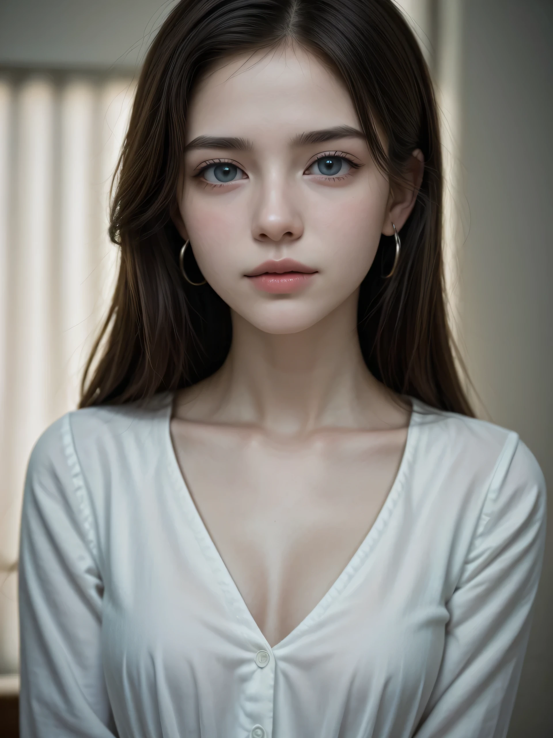 hyper Realistic photograph of Beautiful European girl with blue eyes, high detailed of eyes reflextion and features, natural skin and very light makeup and ring earrings in her ears in a white blouse, with high resolution, natural light, professional photography, sharp focus, stock photo.