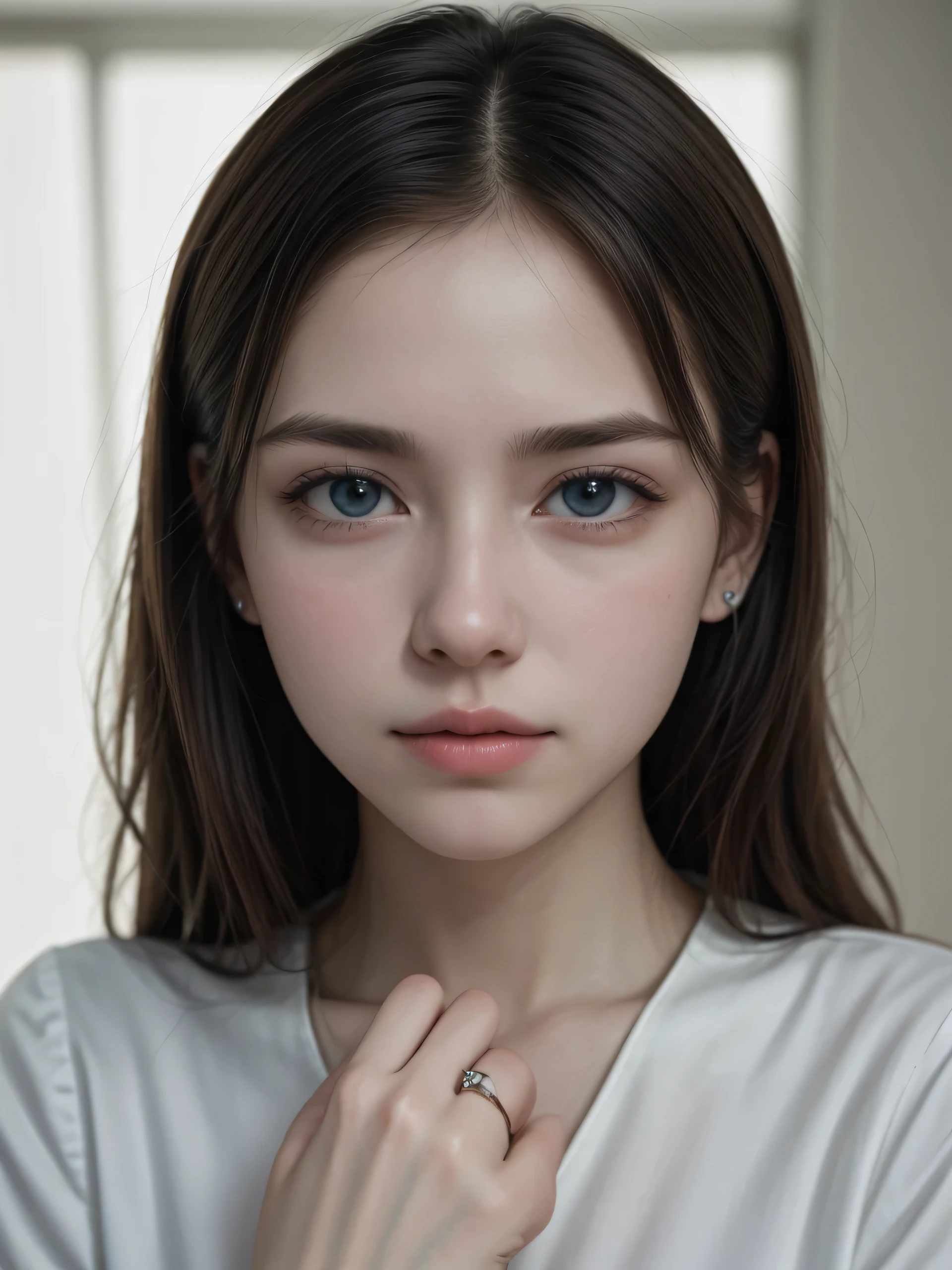 hyper Realistic photograph of Beautiful European girl with blue eyes, high detailed of eyes reflextion and features, natural skin and very light makeup and ring earrings in her ears in a white blouse, with high resolution, natural light, professional photography, sharp focus, stock photo.