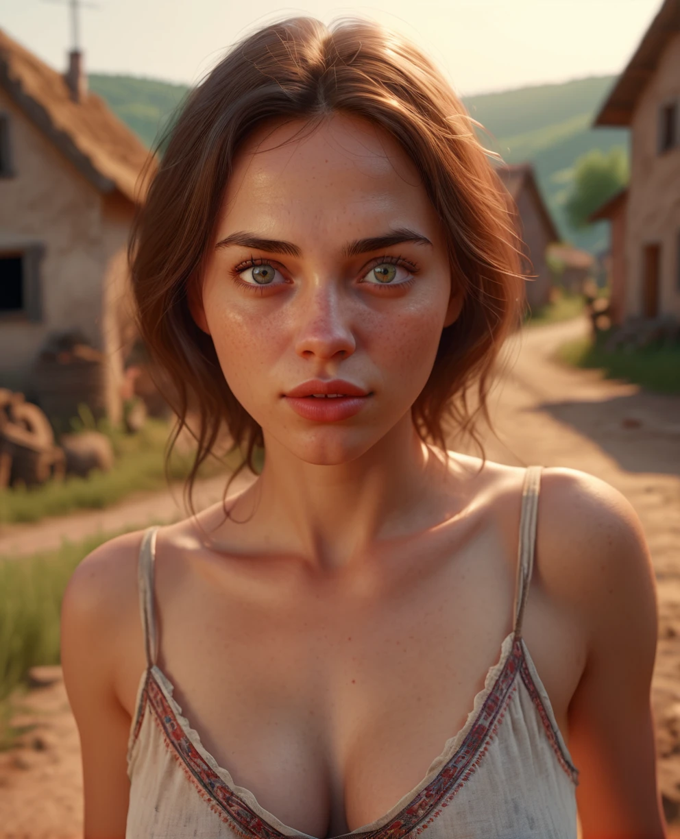 a passionate woman in a casual dress, detailed eyes, detailed lips, longeyelashes, beautiful face, villagers with nude humongous boobs, detailed landscape, near a village, warm colors, cinematic lighting, highly detailed, 8k, photorealistic, masterpiece