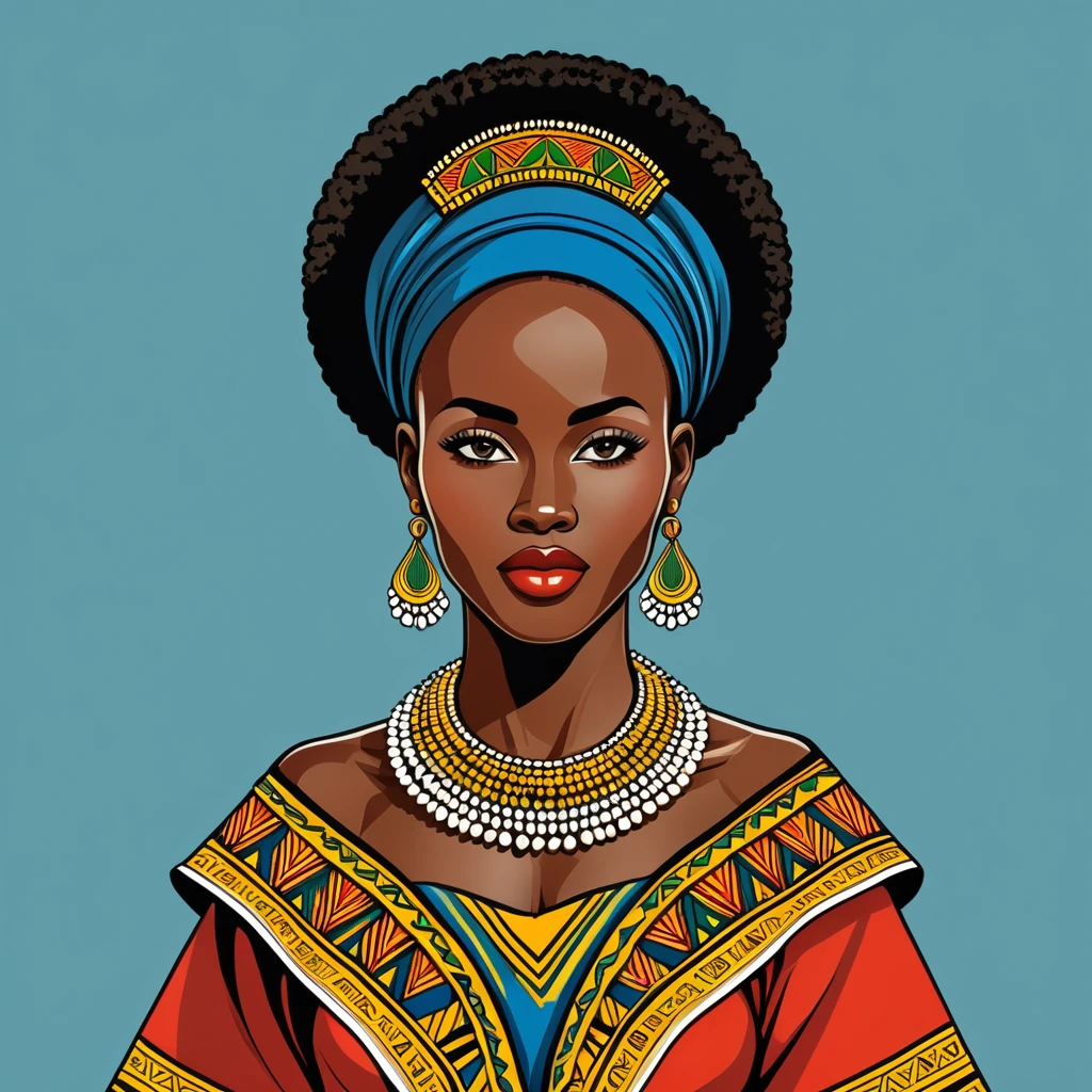woman in rwanda folk outfit, vector graphics, strong contours, logo design
