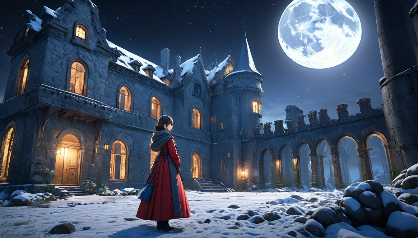 a beautiful detailed girl in a cold winter night, small glowing moon, abandoned castle, anime style, ultra-detailed, (best quality,4k,8k,highres,masterpiece:1.2),ultra-detailed,(realistic,photorealistic,photo-realistic:1.37),HDR,UHD,studio lighting,ultra-fine painting,sharp focus,physically-based rendering,extreme detail description,professional,vivid colors,cinematic lighting,dramatic atmosphere,moody lighting
