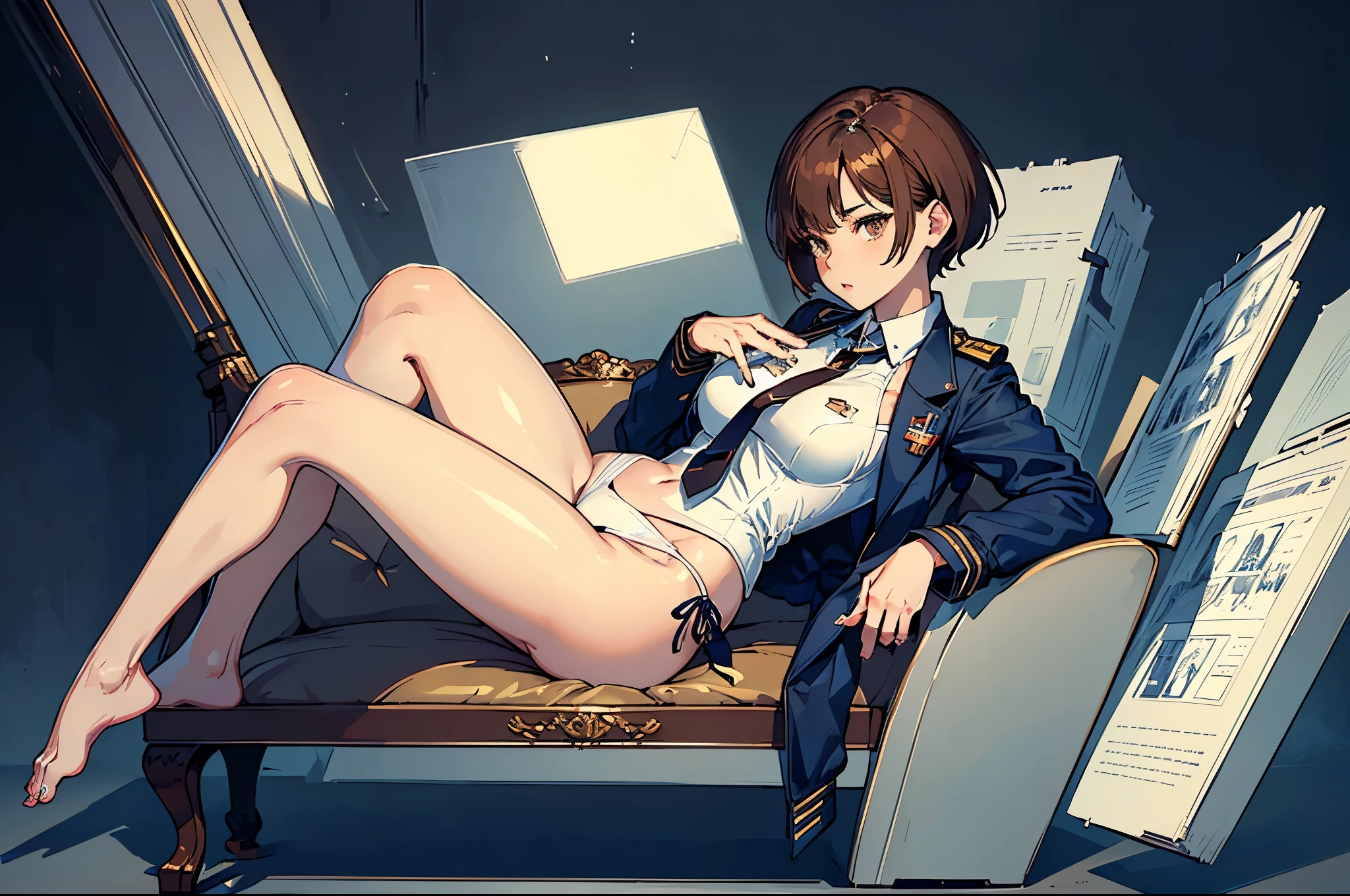 masterpiece,(Perfect Anatomy:1.5), highest quality, a lady , slender, leggy, Seductive, short hair, brown hair, (wear a white long sleeved shirt, tie, navy officer jacket:1.5), white bikini panties , barefoot, Perfect hands, Perfect body, reclining, lying on a sofa, leg up , shirt lift, looking away, ((Exquisite detail)), Very finely crafted fingers(((10 fingers))), (((two legs))), (full body showcase), (Show your whole body), (no background), (No logo) , high resolution, parted lips, see her belly button