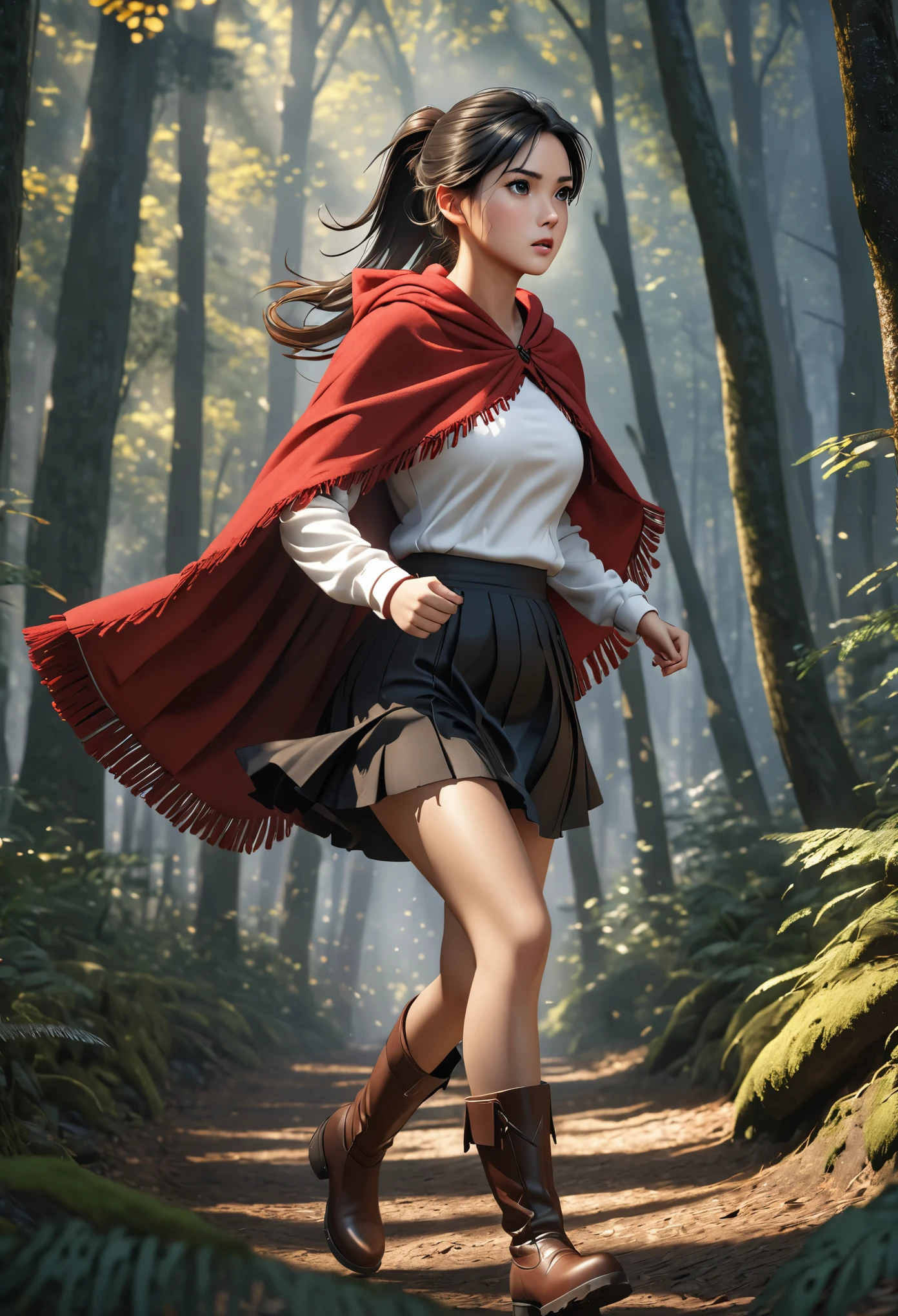 (young woman:1.5), (red poncho with hood, brown boots, white top and black skirt), long black hair with ponytail, brown eyes, (anxious), detailed skin texture, (realistic skin pores, skin impurities:1.4), running in a dark forest, 24k resolution, highly detailed, (natural front light:0.5), (full body shot:1.3), (realistic style:1.5)