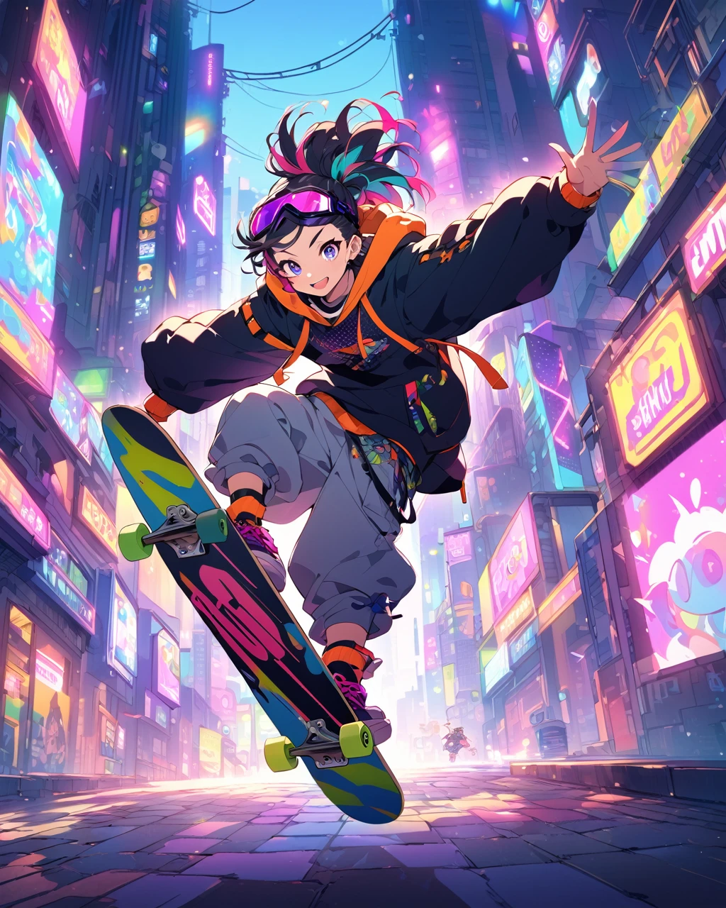 "Create an anime-style illustration of a young character performing an impressive skateboard trick in a vibrant, neon-lit urban environment. The character should have spiky hair, wearing a stylish outfit that includes a hoodie, baggy pants, and accessories like goggles and arm bands. The skateboard should have a colorful, eye-catching design. The background should feature a cityscape with bright, colorful lights and signs, giving a lively and energetic feel."