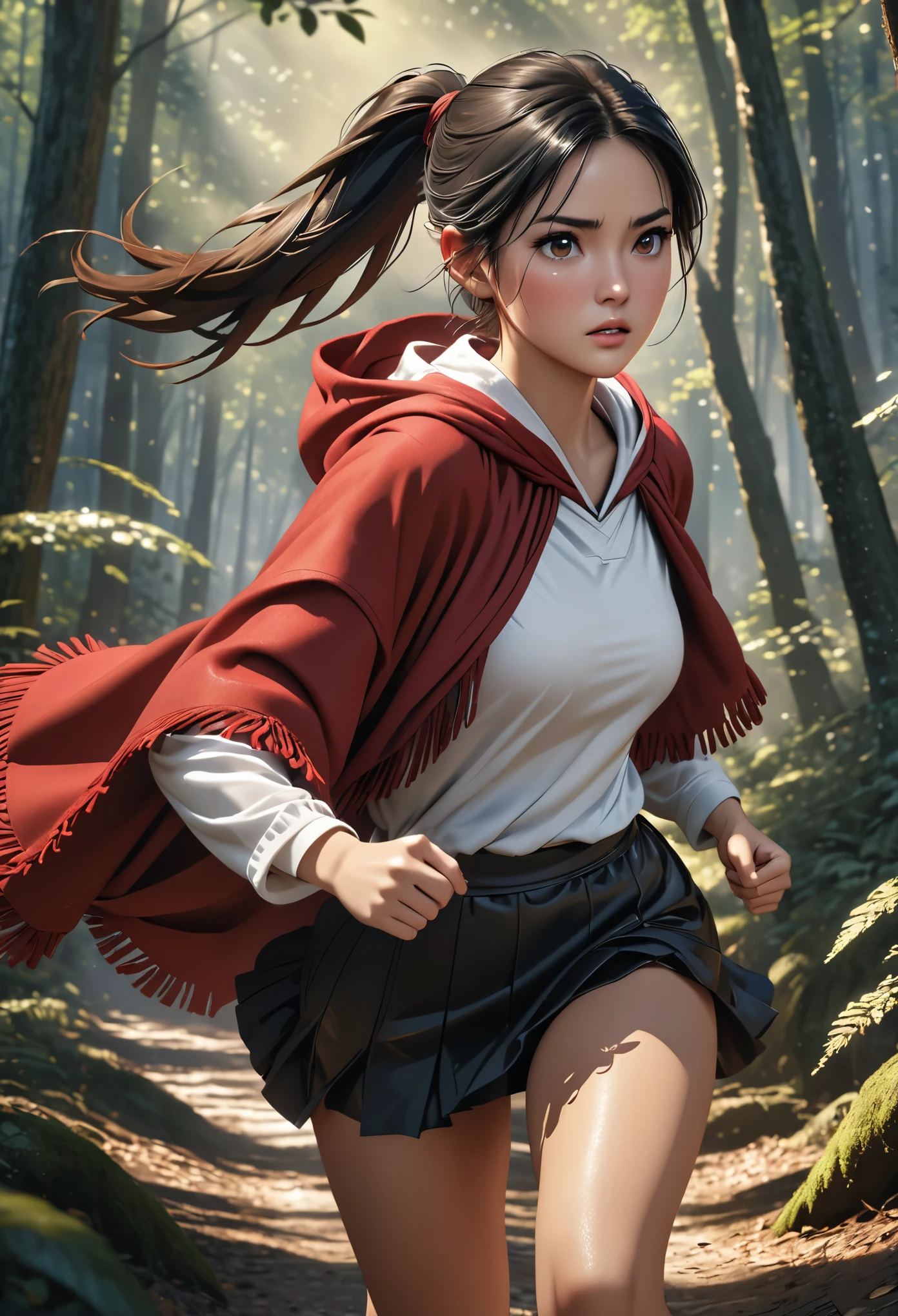 (young woman:1.5), (red poncho with hood, brown boots, white top and black skirt), long black hair with ponytail, brown eyes, (anxious), detailed skin texture, (realistic skin pores, skin impurities:1.4), running in a dark forest, 24k resolution, highly detailed, (natural front light:0.5), (full body shot:1.3), (realistic style:1.5)