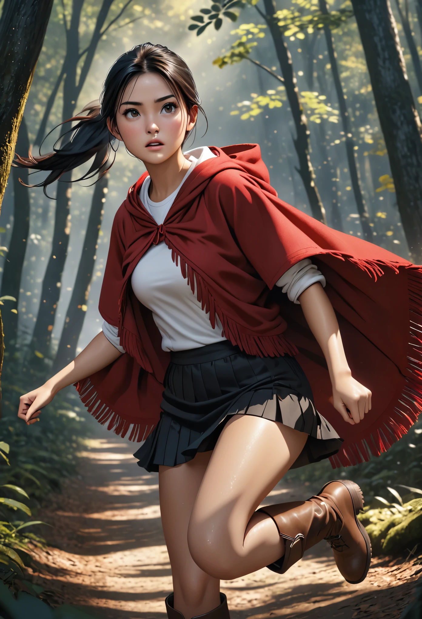 (young woman:1.5), (red poncho with hood, brown boots, white top and black skirt), long black hair with ponytail, brown eyes, (anxious), detailed skin texture, (realistic skin pores, skin impurities:1.4), running in a dark forest, 24k resolution, highly detailed, (natural front light:0.5), (full body shot:1.3), (realistic style:1.5)