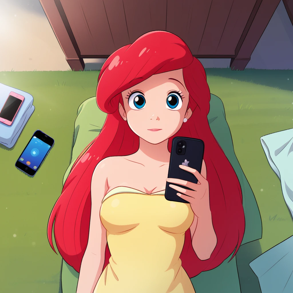 score_9_presence, score_8_up, Ariel, wrapped in towel, medium breasts, holding phone