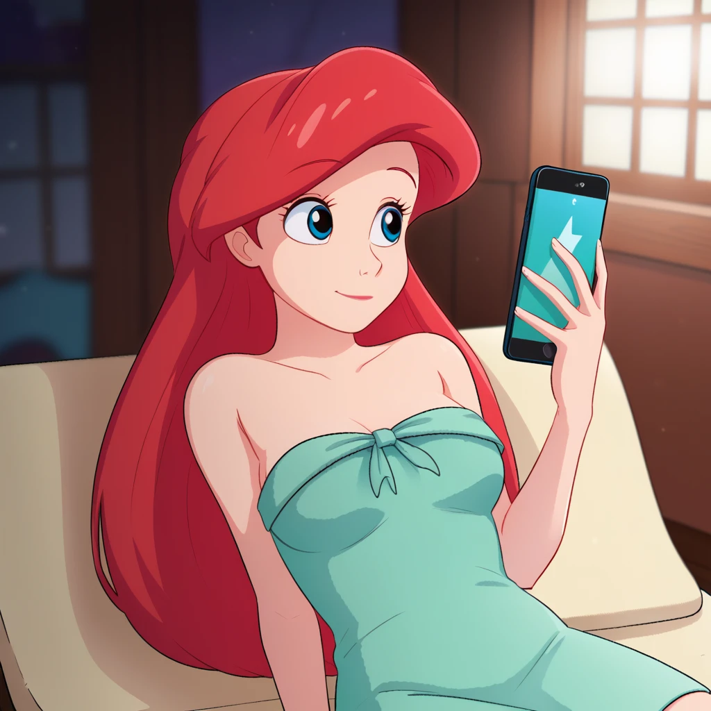 score_9_presence, score_8_up, Ariel, wrapped in towel, medium breasts, holding phone