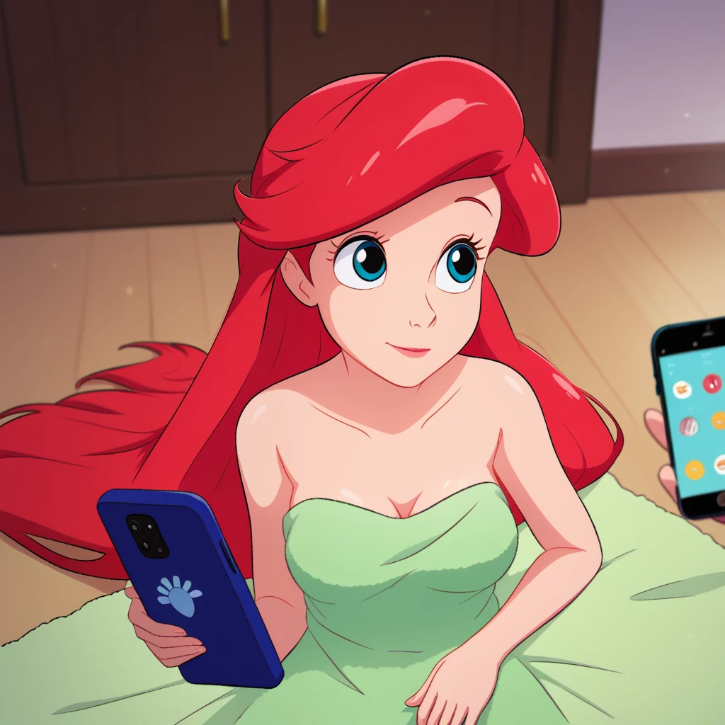 score_9_presence, score_8_up, Ariel, wrapped in towel, medium breasts, holding phone