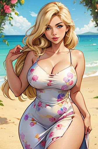 A (thick Busty) mom with (wide hips) (Huge breasts) (blond hair in curlers) (a small strip of blond pubic hair shows through her see through teddy