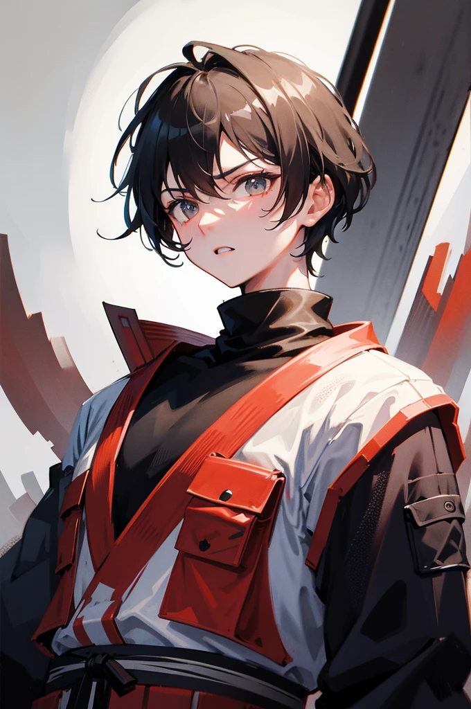 [[[[[1 man]]]]] [[[[boy]]]]ultra closeup, Only the upper body is visible, portrait, 1 man, boy, Japanese samurai concept, Wearing techwear clothes, wandering warrior, Ninja, looks bad-tempered, Looks unlucky, looking cocky, gray hair