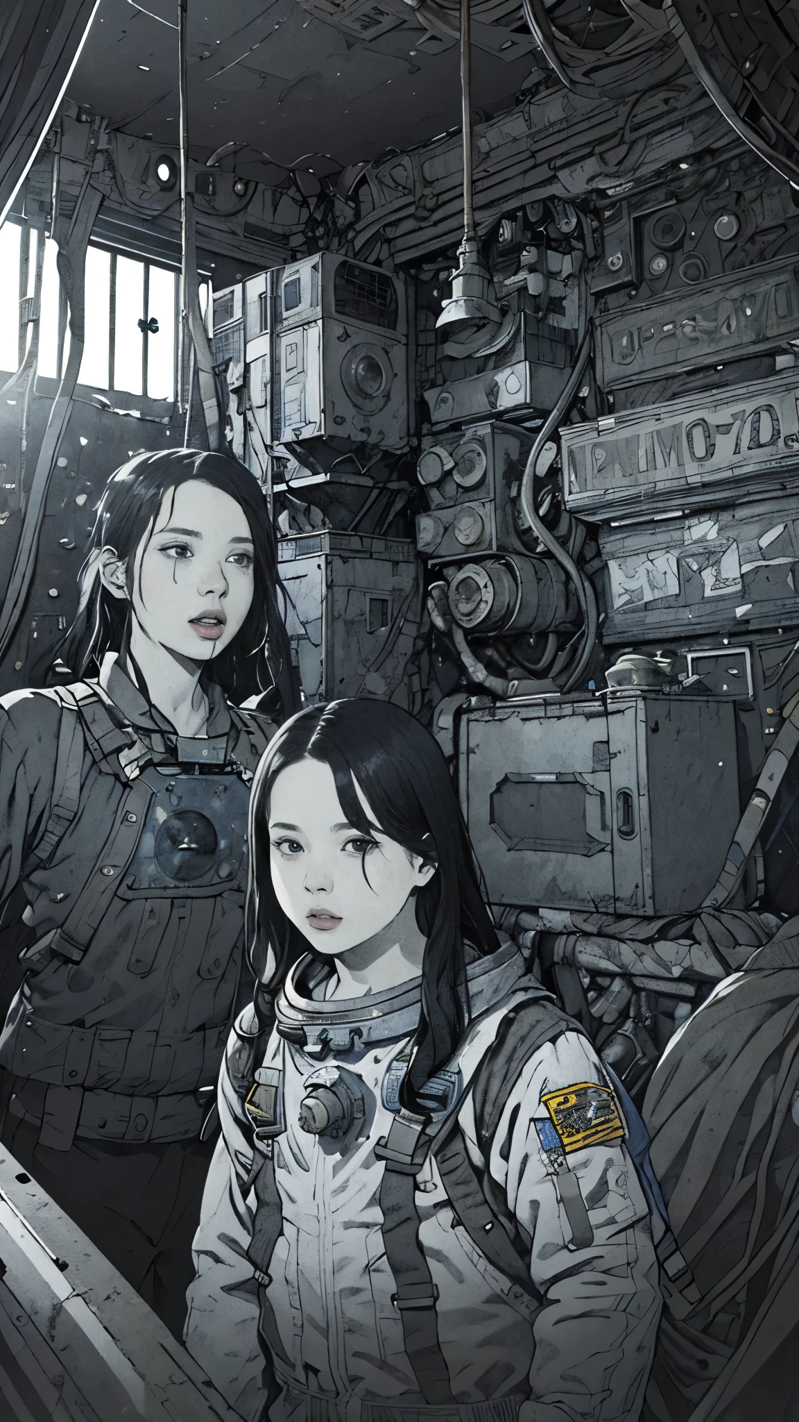 8k、High resolution、Super detailed、masterpiece、Sharp Shadows、One personの女性、24-years-old、Abandoned Space Station、Astronaut Uniform、Monochrome、Intricate machinery、(Outdated machinery:1.3)、Upper Body、 (One person:1.2)、Moderate bust、Black Hair、Long Hair、masterpiece、1970s。