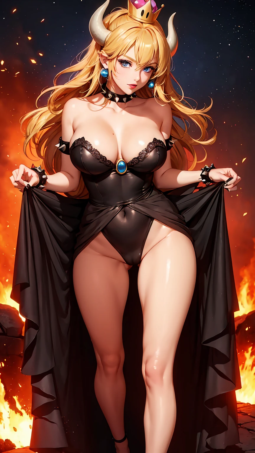 ((high detailed, best quality, 4k, masterpiece, hd:1.3)), ((best quality)), (((HD))), (((8k))), (ultraDH), (ultra HD), Princess Daisy, blue eyes, BREAK blue eyes, seductive, attractive, smooth anime cg art, 36C breasts, long legs, vivid colors, detailed digital art, slim body, perfect skin, dark blonde hair, long hair, blonde hair, blonde hair, BREAK crown, cleavage, 36C cleavage, looking at viewer, BREAK looking at viewer, extremely detailed face, red santa suit, red santa claus suit, santa claus suit, earrings, gem, dark black makeup lips, dark gothic eyeshadows, dark eyeshadows, black eyeshadows, black sexy lips, black lips, (dark:1.2), dark lips, very dark lips, (perfect hands, perfect anatomy), black makeup, black medium lips, black thick lips, detailed fingers, five fingers per hand, 5 fingers, (1 girl), detailed lips, detailed black lips, black painted lips, gothic painted lips, BREAK night, night sky, (breast focus), (arms outstreched:1.2), (from above:1.1), (breasts out:1.3), (off shoulder:1.1), (white horns), (lingerie), inside a lava castle, she inside a sea of lava, she bathing in lava, full body, perfect long legs, perfect foots, legs and foots into the lava,