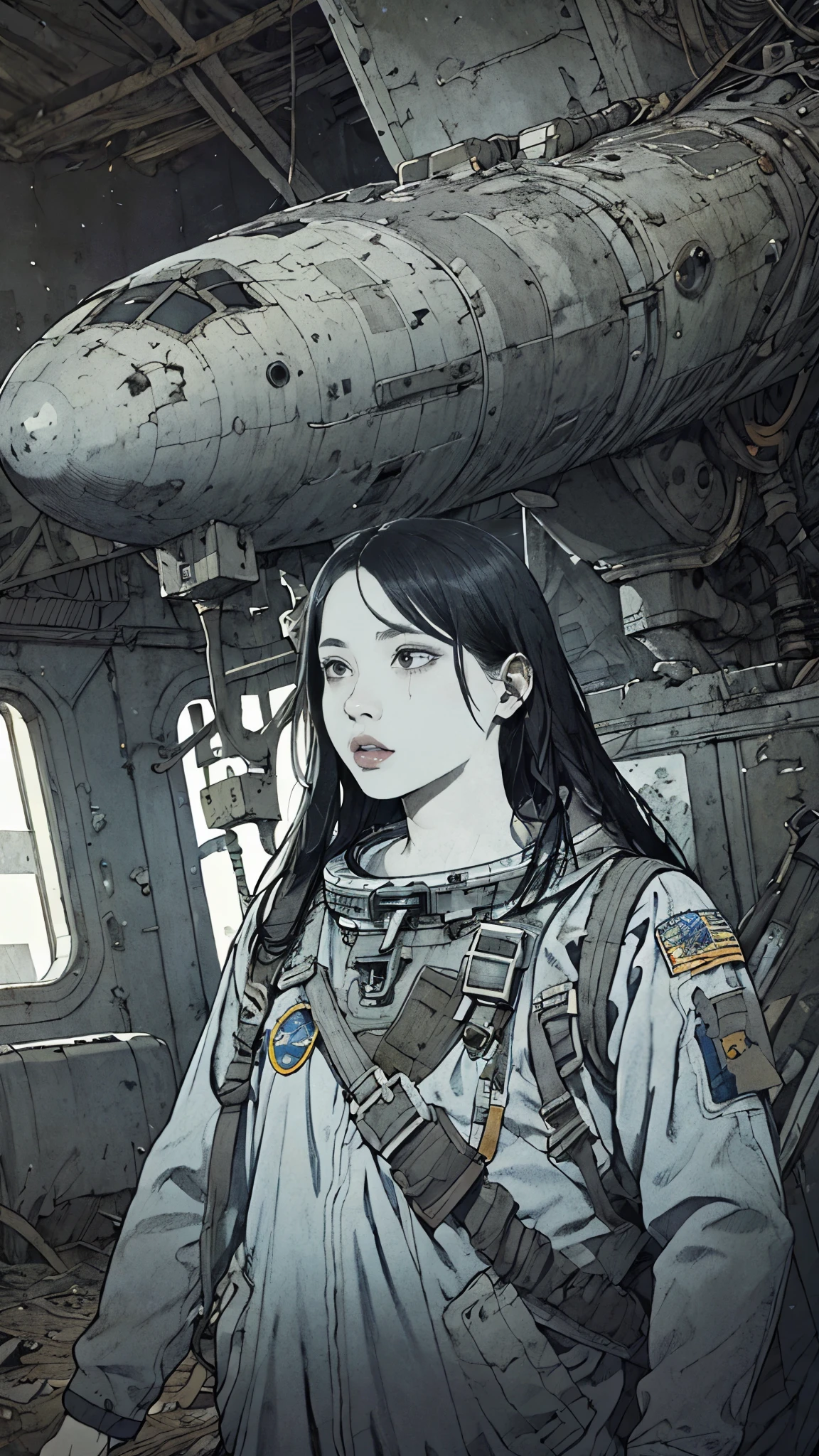 8k、High resolution、Super detailed、masterpiece、Sharp Shadows、One personの女性、24-years-old、Abandoned Spaceship、Astronaut Uniform、Monochrome、Intricate machinery、(Outdated machinery:1.3)、Upper Body、 (One person:1.2)、Moderate bust、Black Hair、Long Hair、masterpiece、1970s。