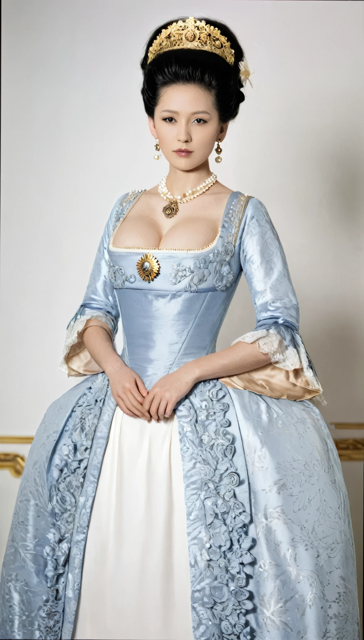 monochrome, Black and White Photography, Front view , looking at viewer ,Full-body, Empire of Austria -Hungary, Japanese girl , countess, 26 age old, (Black hair, middle hair , wince, brown eyes, beautiful lip, serious), (Pearl crescent earrings, Pearl and gold neckless, tiara with Dimond ), (big breasts, slender whist, wide hip) ,(Rococo 18the century dress), White base dress and skirt, (Blue Sinister:1.5), decoration medal on left belly , in Palace, in Austria, textured skin , HI detailed skin, (foreshortening, Canon, UHD, anatomically correct, super detail, high details, highness,