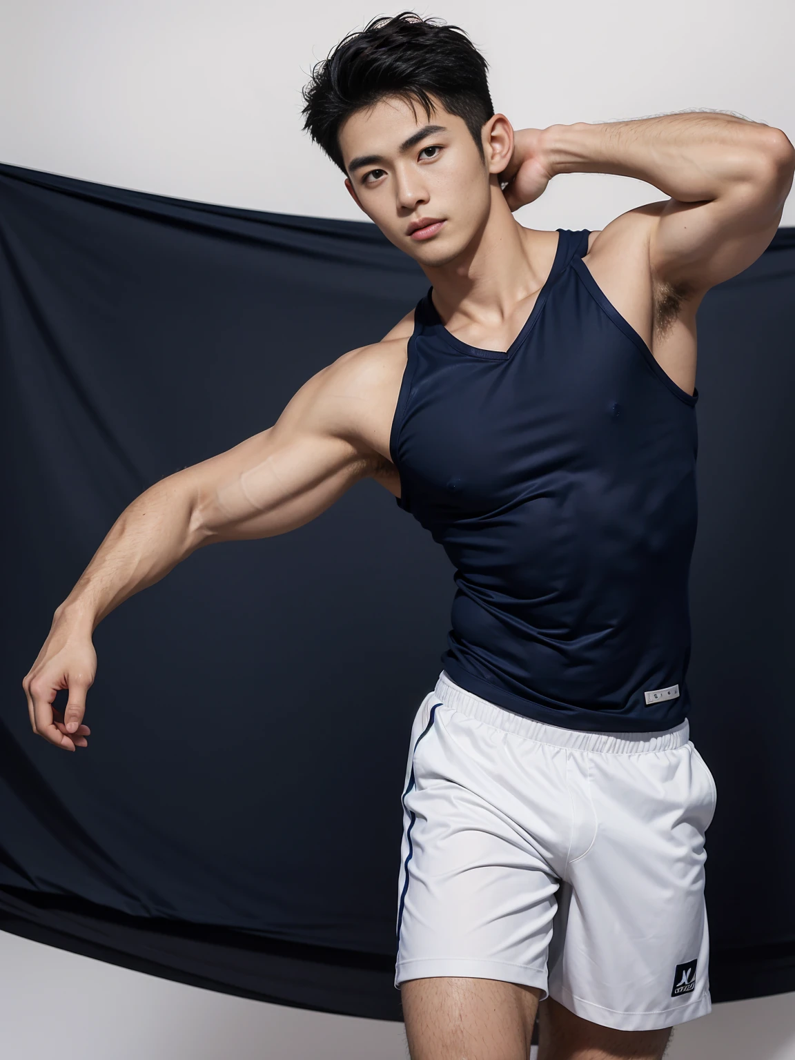 1 Handsome naked Japanese guy ,Sexy pose, A 20 year-old man wearing a Naked chest shirt and Excellent shorts stands against a white background, navy blue, navy blue, Sports T-shirts, blue, Excellent Sportswear, Gorgeous sexy clothes, Sportswear, Short sleeve, Jinjinshen blue clothes, Short young man, Tennis Clothes, 穿着Sportswear, dark blue decorative clothing,male,Naked chest, Handsome,High target,Muscles look good,Hairy body,Sexy expressions, Wheat skin color,black eyes(Fine eye 1:3),Full body portrait, Excellent, Perfect shape, ,Detailed you, , Mostly juicy ass, Sexy pose,Standing