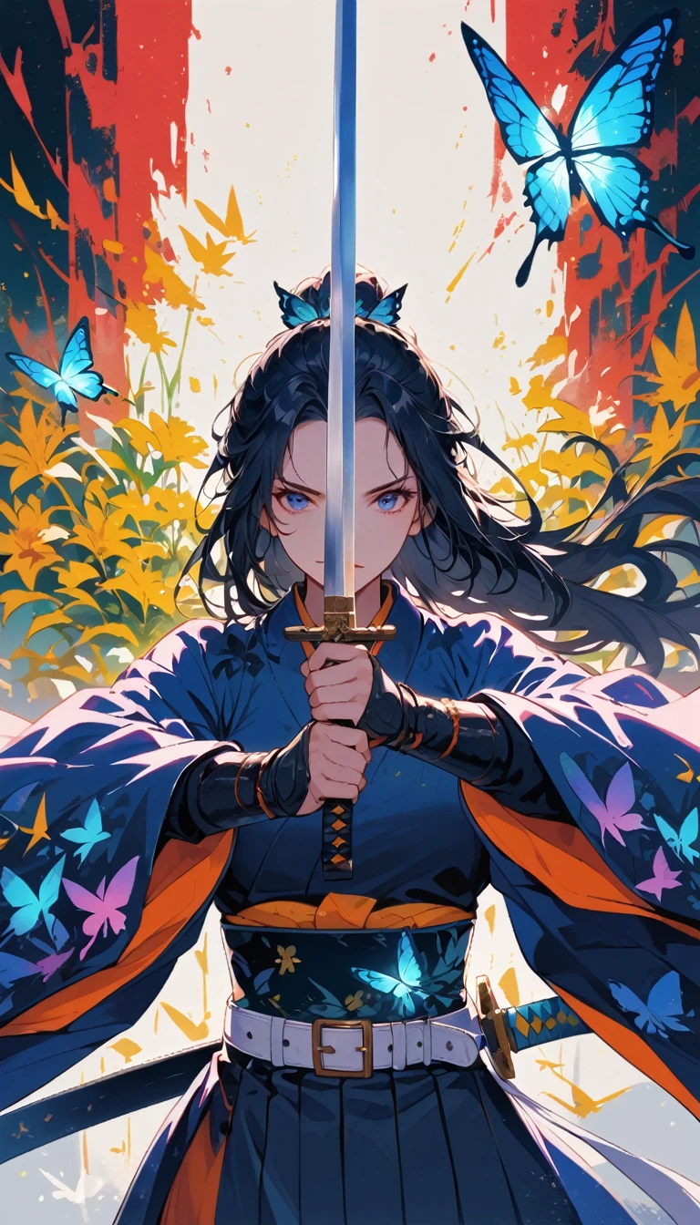 swordsman,1 Girl,animal,animal print,belt,belt Buckle up,Black Hair,blue Butterfly,Buckle up,Vulnerabilities,Butterfly,Butterfly Hair accessories,Butterfly on hand,Butterfly print,forehead,glowing Butterfly,Gradient hair,Hair accessories,Feather,Keep,Keep sword,Keep arms,Japanese clothes,Samurai sword,Section Chief Shinobu,Long hair,Long sleeve,petal,Solitary,sword,arms,white belt,white Butterfly,Wide sleeves,yellow Butterfly,Keep sword with both hands,sword focus