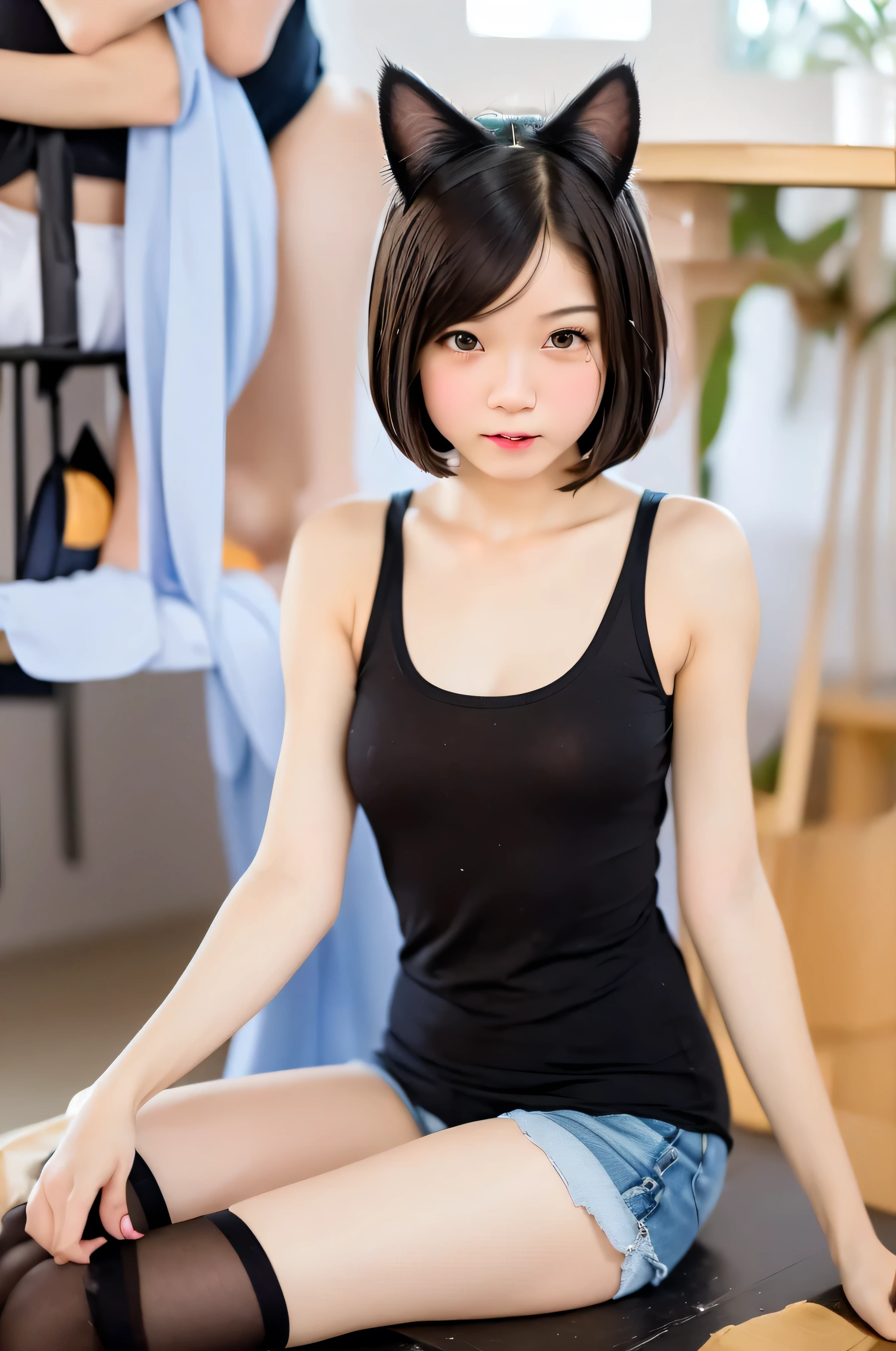 masterpiece, Bokeh, (Cat ear:1.4), Sitting on the beach at sunset, Looking at the audience, office lady, pantyhose,(masterpiece, Highest quality, It captures a very cute moment, Depth of written boundary, Super detailed, Ultra-high resolution, C4D, Octadale, 3D Modeling,Realistic human photos、 8k, 16K, One Girl,Middle school students, 、Small breasts,Black Hair,short hair,Straight Hair,Light brown eyes,Cute Face), Bloomers, Black tank top, zettai ryouiki, Wet clothes,Classroom Nights,Moonlight, Good elevator, Take off、Real-life skin、Not an anime、Realistic、