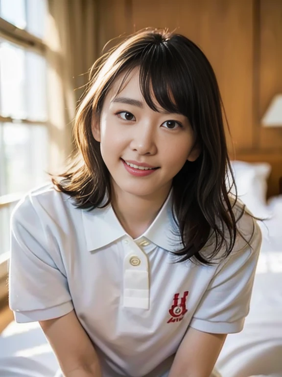 (Masterpiece, Best quality: 1.4), (Ultra realistic, Photo-realistic: 1.2), From above, Full body, Sitting, Looking at viewer, Natural light, 28 years old actress, Japanese women, Neat and clean, ((Wearing white tennis uniform, White short-sleeve polo shirt with collar, Not buttoning the polo shirt, White pleated tennis skirt: 1.3)), (Wearing white sock: 1.1), (Ponytail: 1.2), (Beautiful face), Oval face, clear, Beautiful eyes, Kind eyes, Clear skin, Small face, Beautiful mouth, Small mouth, Natural makeup, Approachable, Seductive smile, (Seductive pose: 1.3), (Beautiful thighs: 1.2), Bedroom eyes, Embarrassed, Blush, Luxury hotel Suite room, On bed,