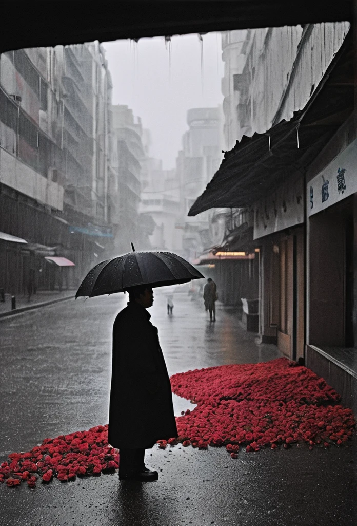in a bustling city,cold rain,A man stands alone in the rain,The tightly held roses are scattered on the ground。His eyes are confused,The expression is sad,Gloomy eyes, and strong,withered rose,Wilted flowers,The rain washed over his cheeks。He insists on waiting,Believe that the one you love will come back。